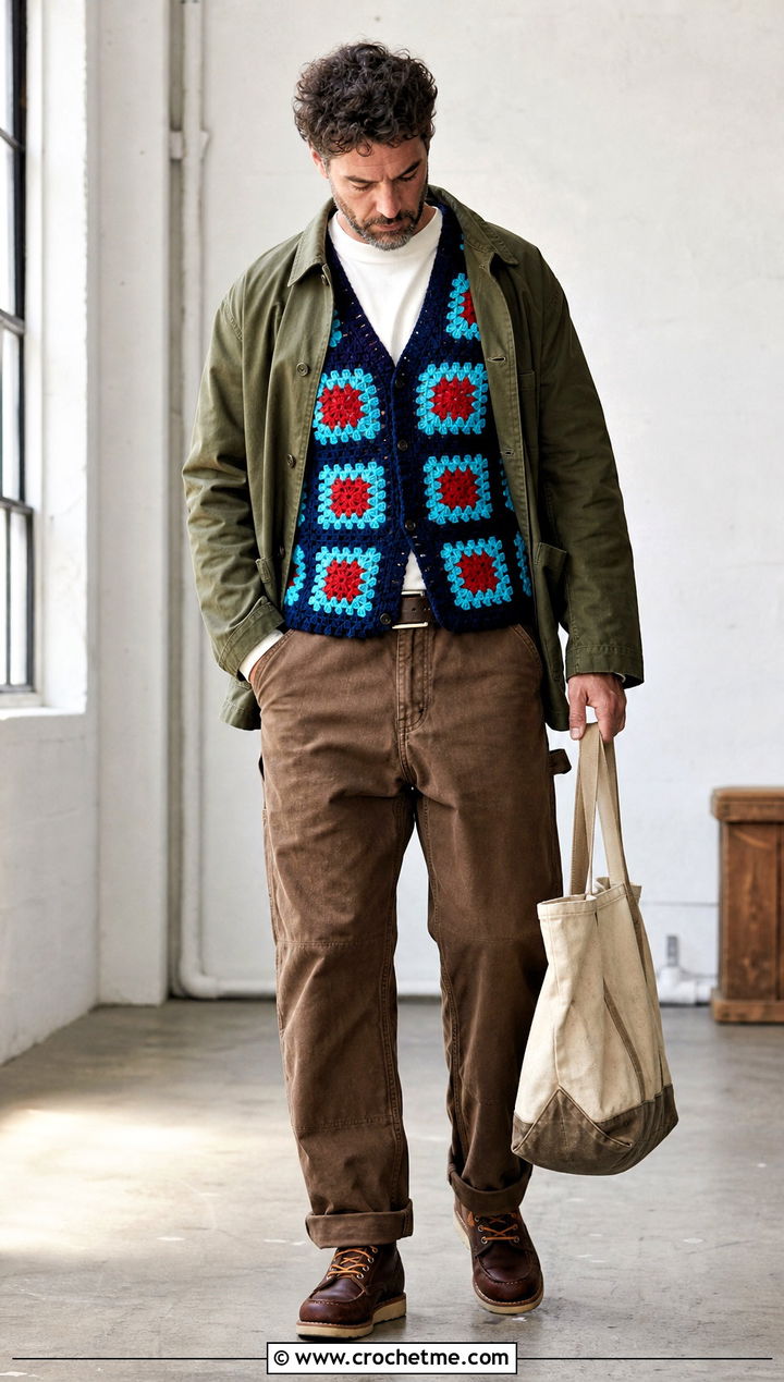 Solid Border Granny Square Mens Vest With Workwear Jacket - 25 crochet granny square mens vest outfit ideas