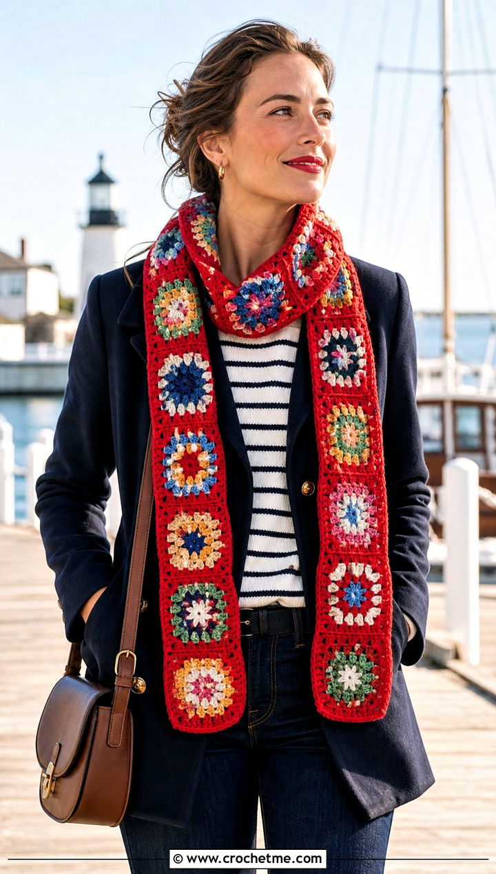 Solid Border Granny Square Scarf With Peacoat and Straight Jeans - 25 granny square scarves outfit ideas