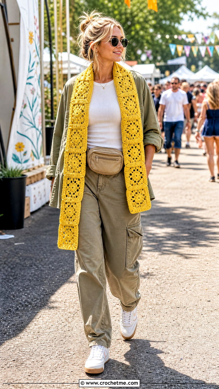Solid Border Granny Square Scarf With Utility Jacket And Cargo Pants - 35 granny square scarf outfit ideas