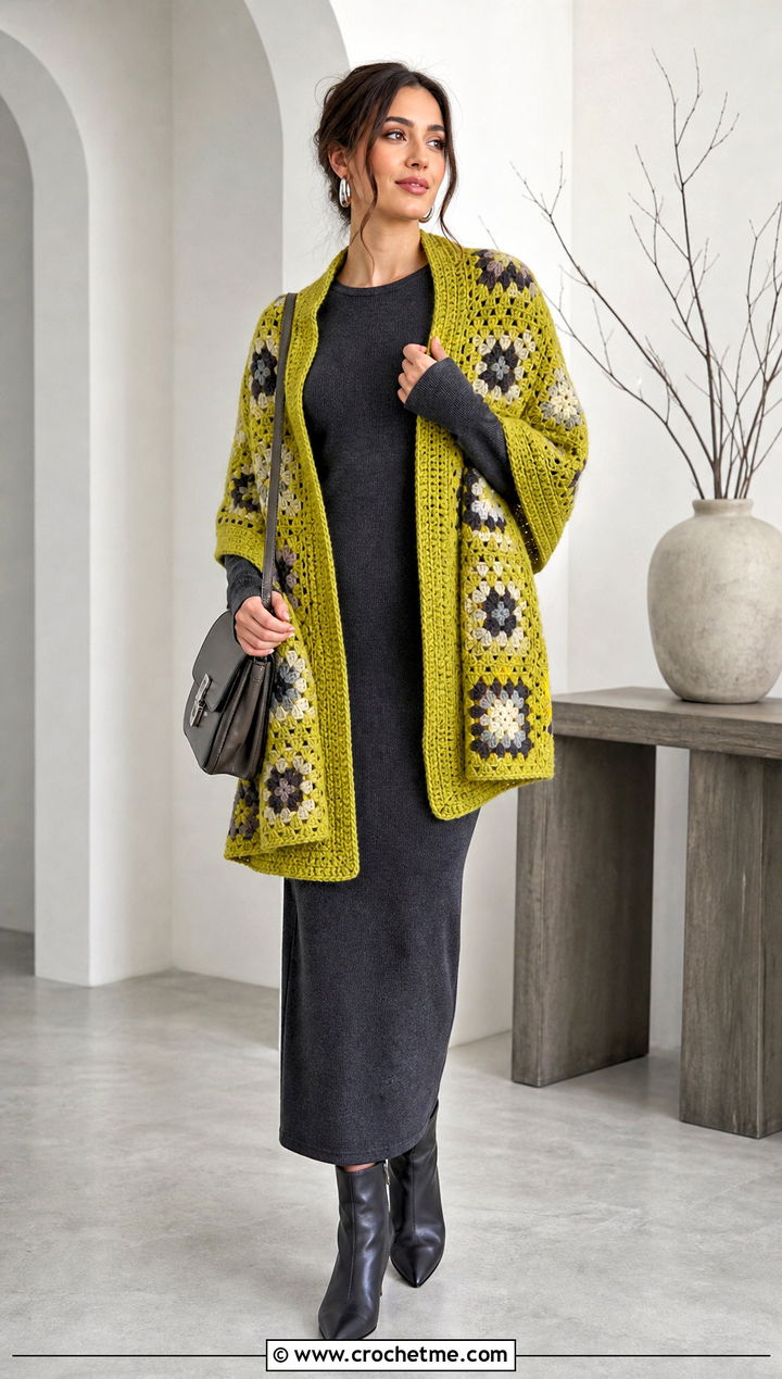 Solid Border Granny Square Shawl With Knit Column Dress - 35 granny square shawl outfit ideas