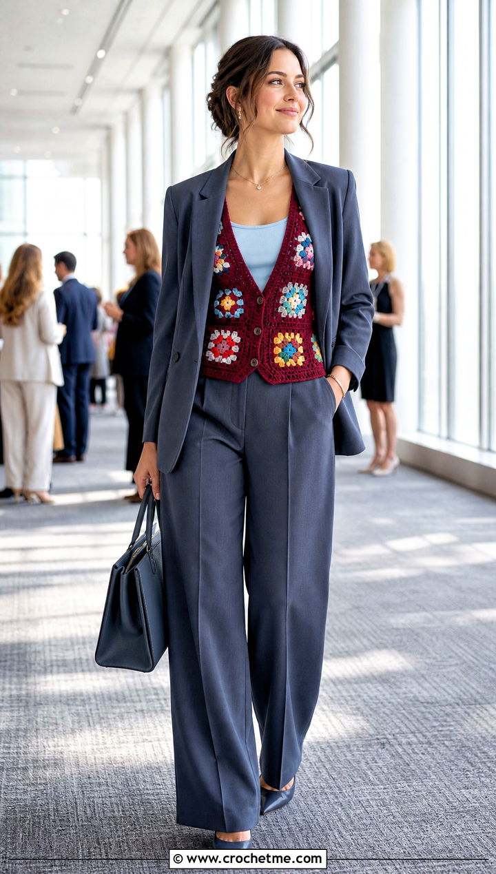 Solid Border Granny Square Sleeveless Cardigan With Tailored Suit - 30 granny square sleeveless cardigan outfit ideas