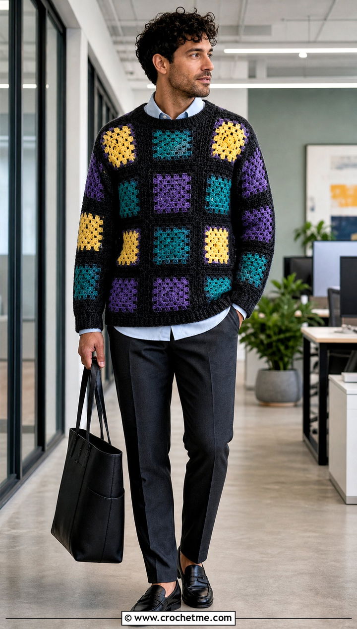 Solid Border Granny Square Sweater With Office Trousers - 25 Crochet Granny Square Sweater For Men outfit ideas