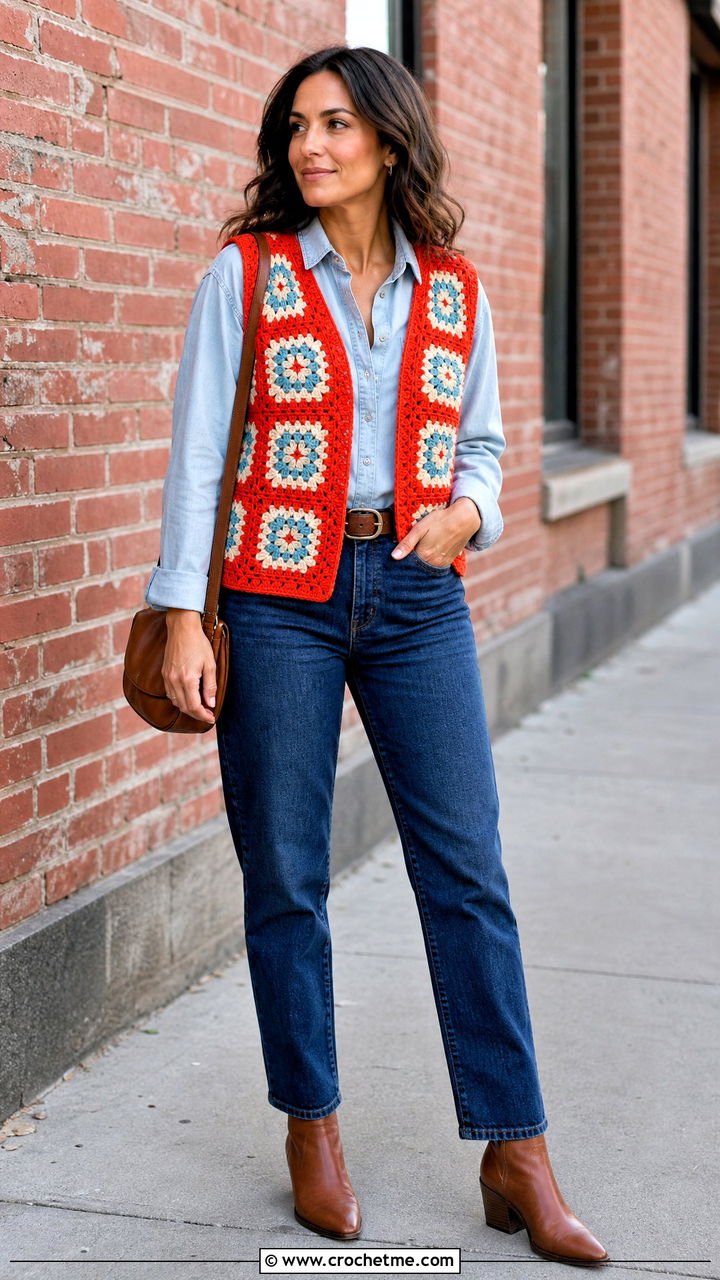 Solid Border Granny Square Vest With Double Denim - 35 granny square vest outfit ideas