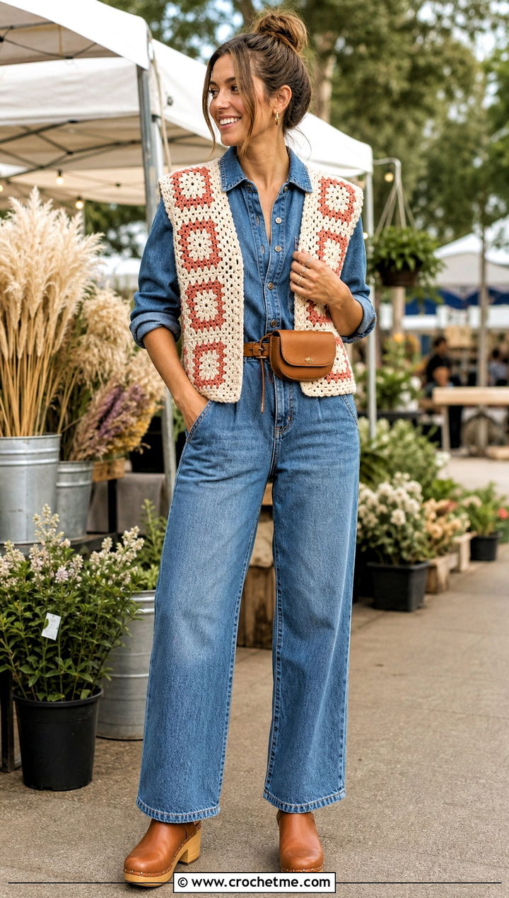 Solid Border Granny Square Waistcoat With Denim Jumpsuit - 25 crochet granny square waistcoat outfit ideas