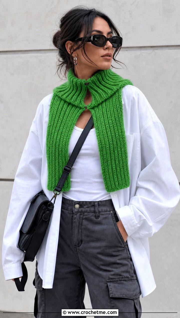 Solid Cari Keyhole Crochet Scarf With Oversized Shirt and Cargo Pants - 15 Cari Keyhole Crochet Scarf outfit ideas