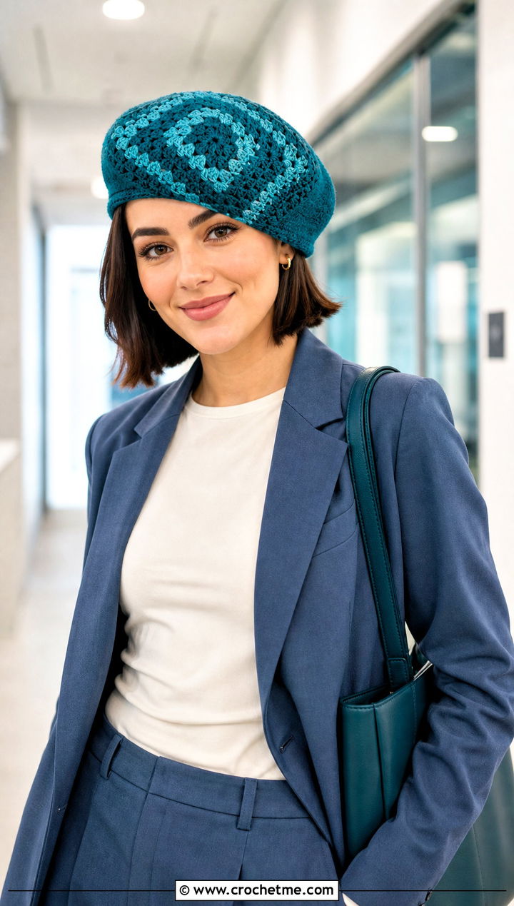 Solid Center Crochet Granny Square Beret With Trouser Suit - 25 Crochet Granny Square Beret outfit ideas