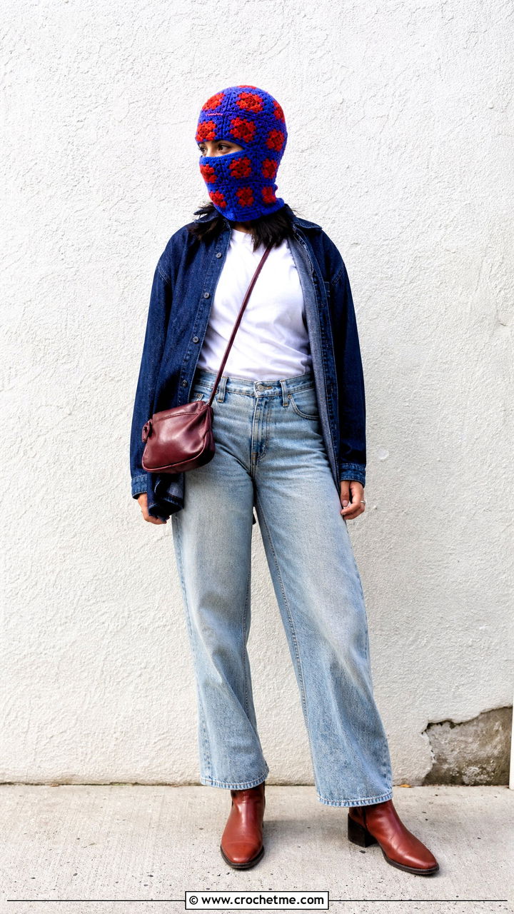 Solid Center Granny Square Balaclava With Double Denim - 35 granny square balaclava outfit ideas
