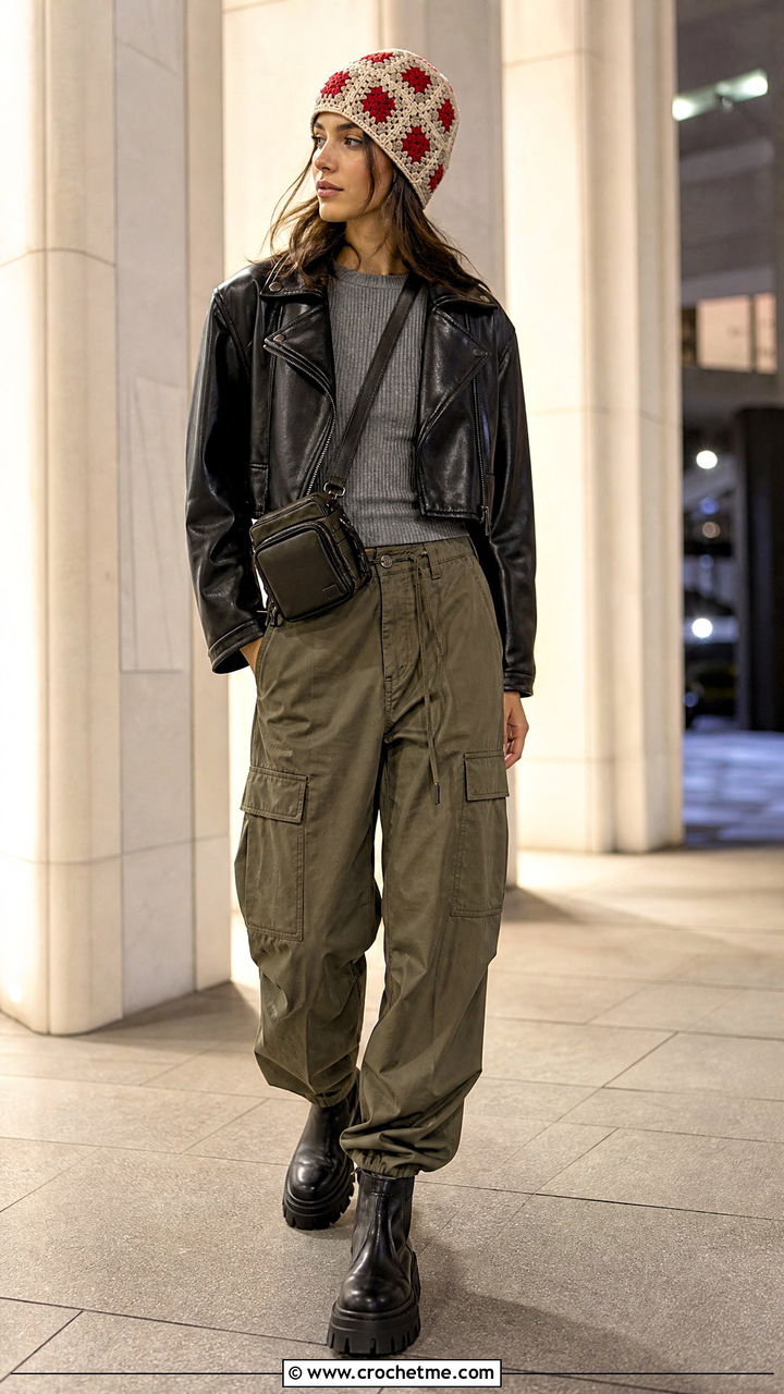 Solid Center Granny Square Beanie With Leather Jacket And Cargo Pants - 35 granny square hat outfit ideas