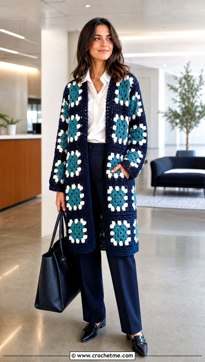 Solid Center Granny Square Coat With Office Separates - 30 crochet granny square coat outfit ideas