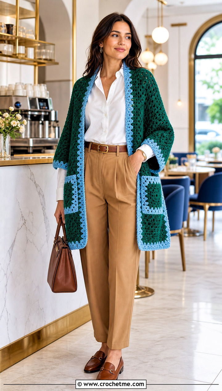 Solid Center Granny Square Pocket Shawl With Pleated Trousers - 20 Granny Square Pocket Shawl outfit ideas