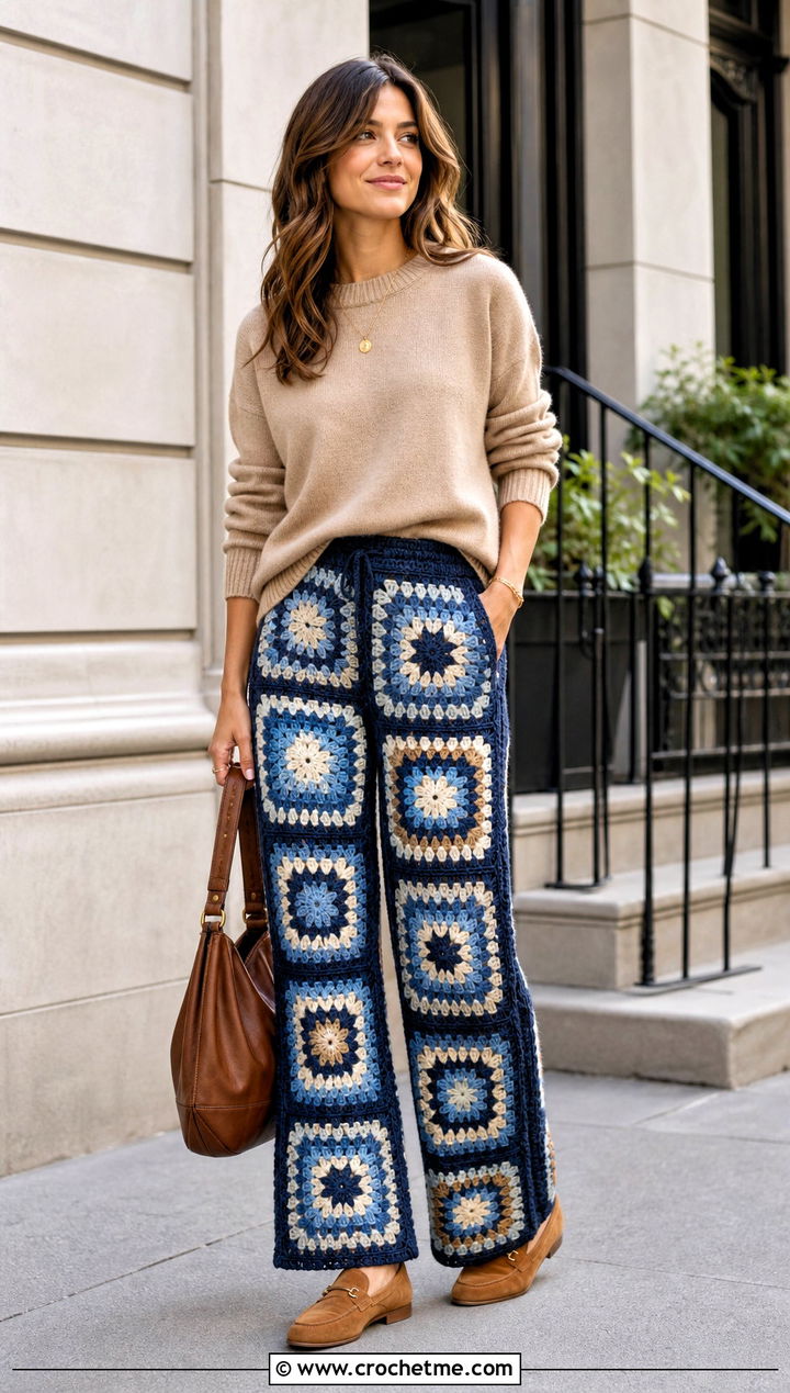 Solid Center Granny Square Trousers With Cashmere Sweater - 35 granny square trousers outfit ideas