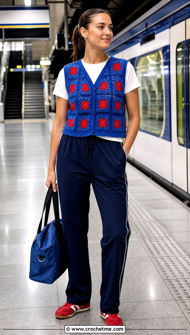 Solid Center Granny Square Waistcoat With Track Pants - 35 granny square waistcoat outfit ideas