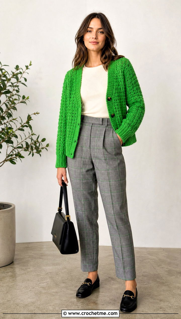 Solid Color Campfire Cardigan With Plaid Trousers - 30 crochet campfire cardigan outfit ideas