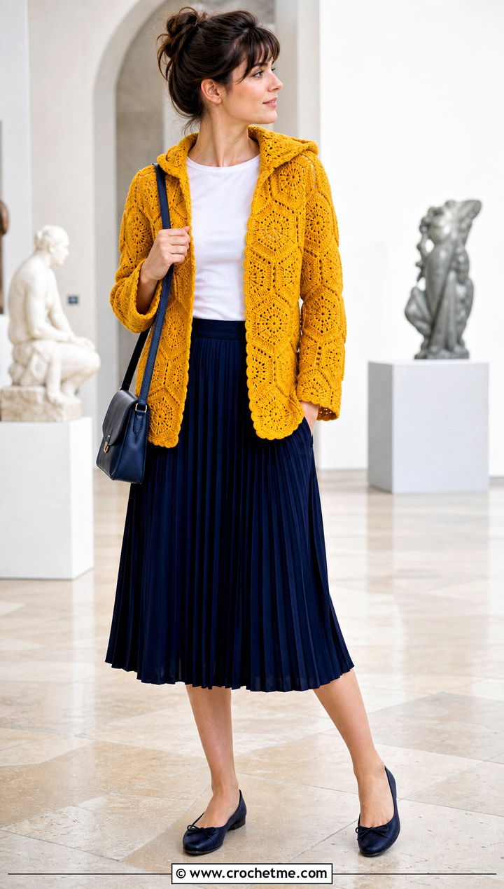 Solid Color Crochet Hexagon Cardigan With Hood And Pleated Skirt - 25 Crochet Hexagon Cardigan With Hood outfit ideas