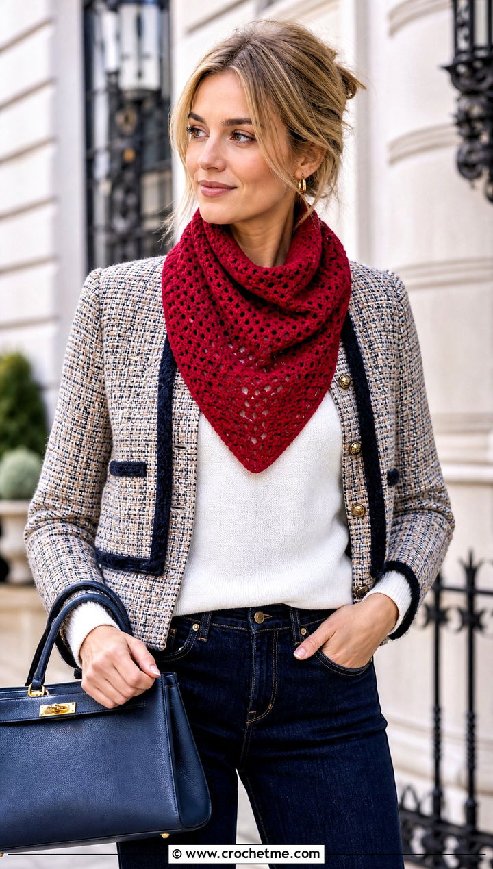 Solid Color Crochet Road Trip Scarf With Tweed Jacket - 15 Crochet Road Trip Scarf outfit ideas