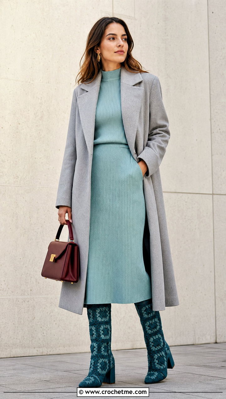 Solid Color Granny Square Boots With A Monochrome Knit Set - 25 granny square boots outfit ideas