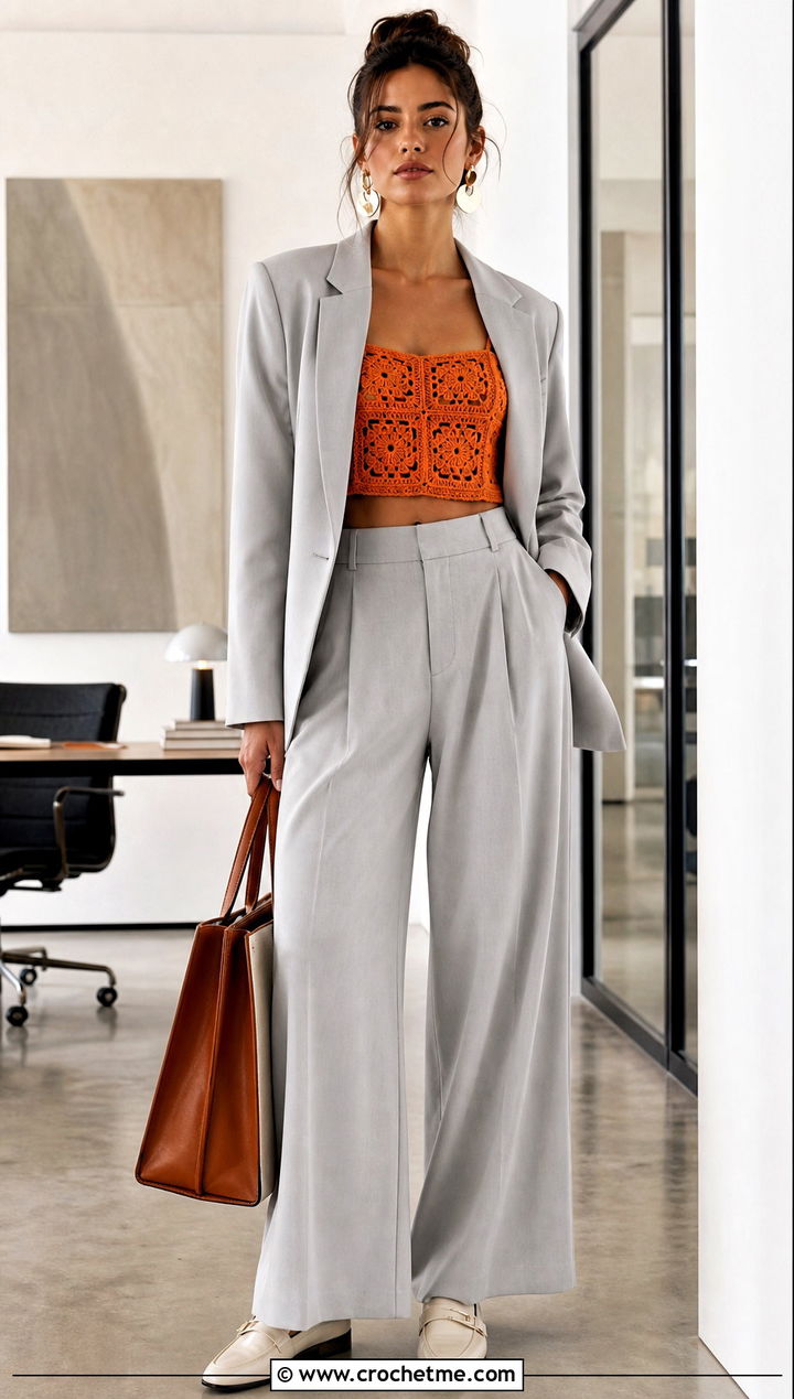 Solid Color Granny Square Crop Top With Pantsuit - 30 granny square crop top outfit ideas