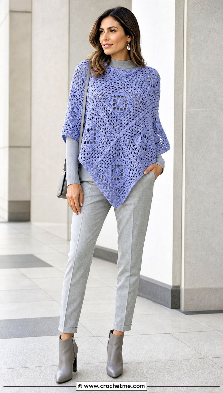 Solid Color Granny Square Poncho With Monochrome Basics - 25 Granny Squares Poncho outfit ideas