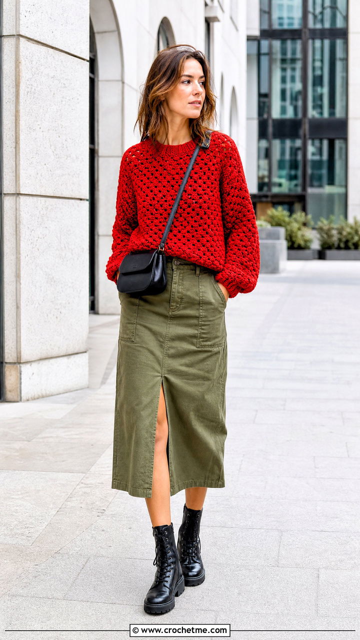 Solid Color Granny Stitch Sweater With Utility Skirt - 35 crochet granny stitch sweater outfit ideas