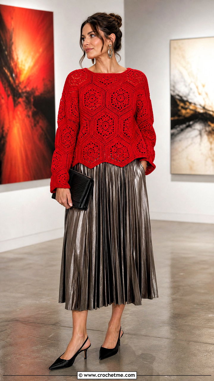 Solid Color Hexagon Pullover With Metallic Midi Skirt - 35 crochet hexagon pullover outfit ideas