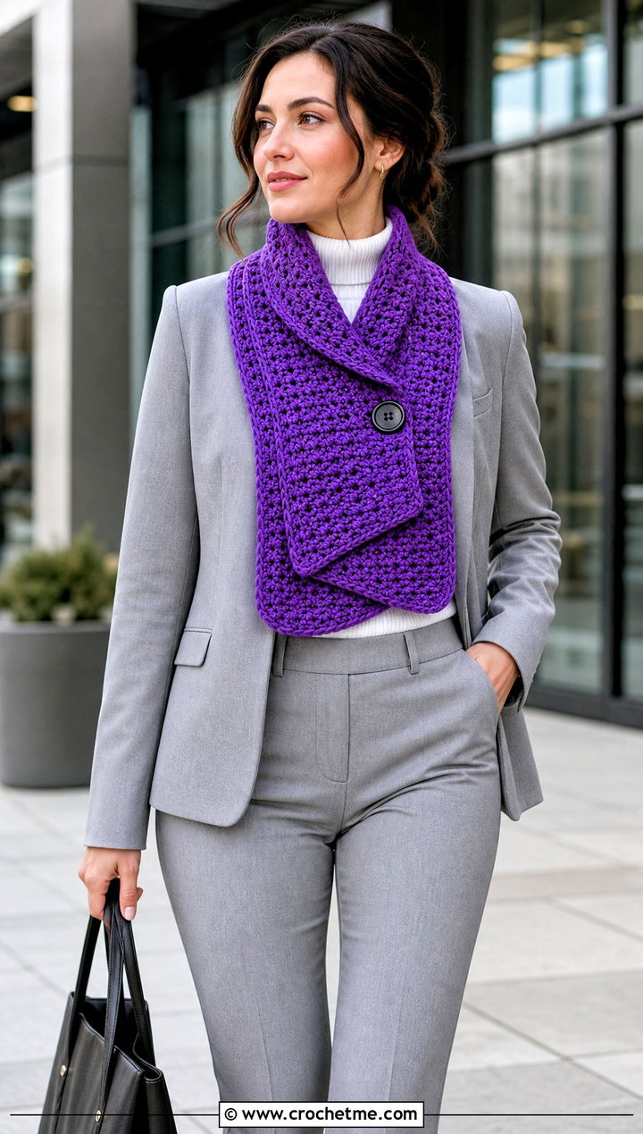 Solid Color Winter Wishes Crochet Scarf With Blazer And Trousers - 15 Winter Wishes Crochet Scarf outfit ideas