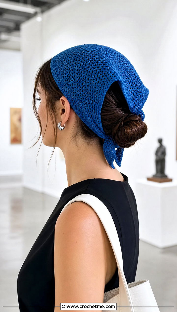 Solid Cotton Crochet Bandana With Minimalist Dress - 25 crochet bandana hair scarf outfit ideas