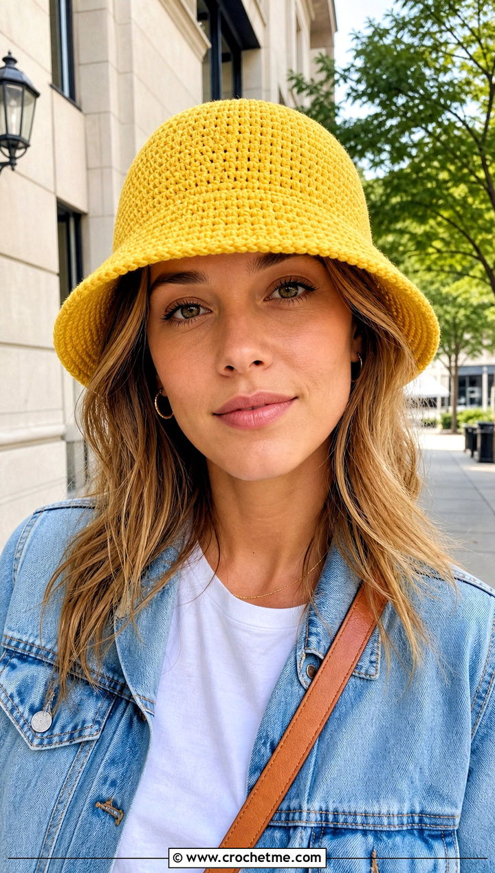 Solid Cotton Crochet Bucket Hat With T Shirt And Jeans - 30 easy crochet bucket hat outfit ideas