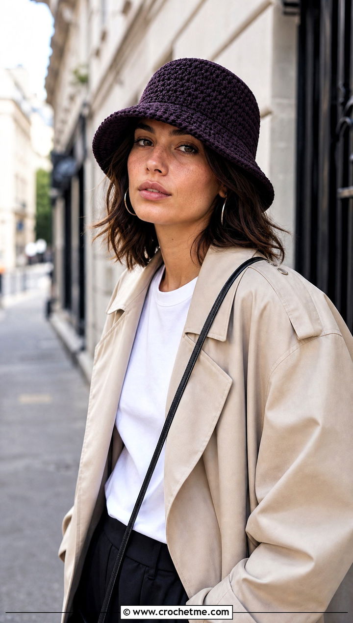 Solid Crochet Bucket Hat With Trench And Sneakers - 25 easy simple crochet hats for beginners outfit ideas