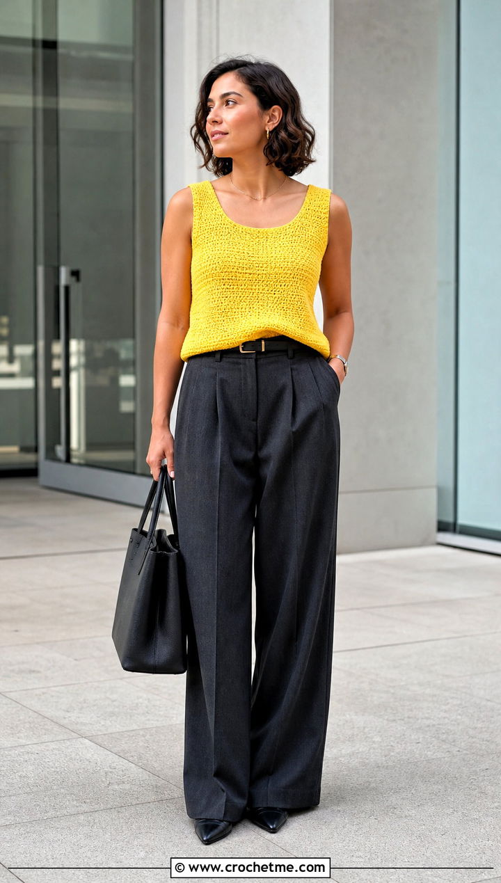 Solid Crochet Cleo Top With Tailored Trousers - 30 crochet cleo top outfit ideas