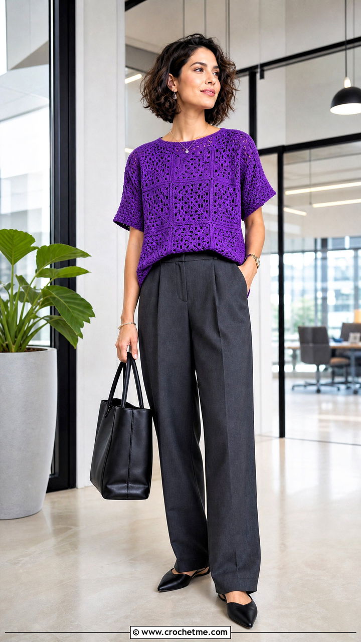 Solid Granny Square Boxy Top With Tailored Trousers - 35 granny square top outfit ideas