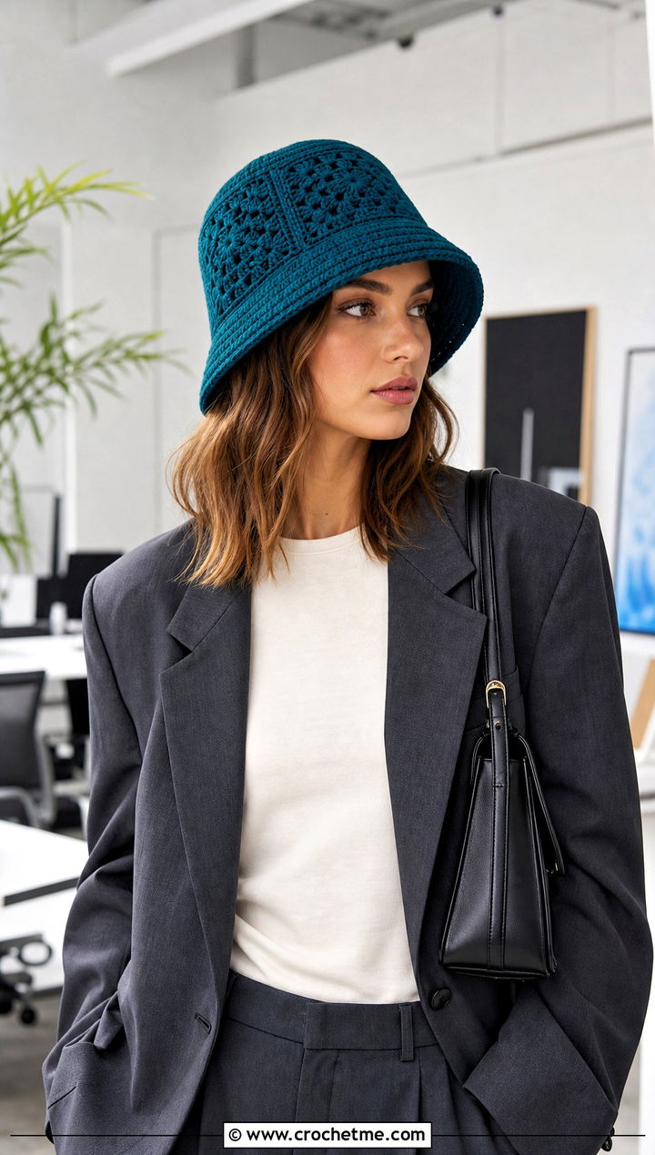 Solid Granny Square Bucket Hat With Tailored Trousers - 15 Crochet Granny Square Bucket Hat outfit ideas