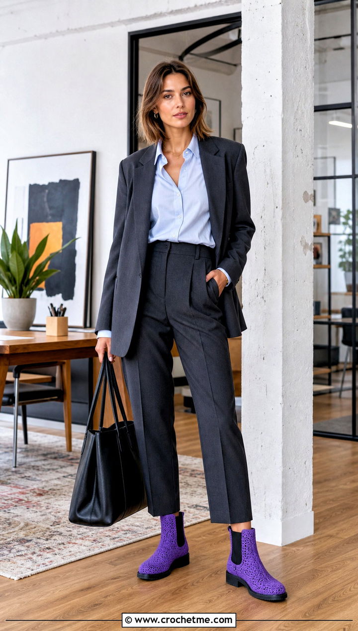 Solid Granny Square Chelsea Boots With Tailored Trousers - 25 granny square boots outfit ideas