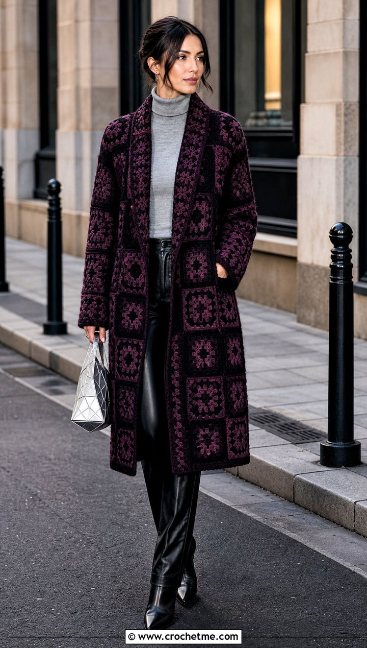 Solid Granny Square Coatigan With Leather Pants - 20 Crochet Solid Granny Square Cardigan outfit ideas