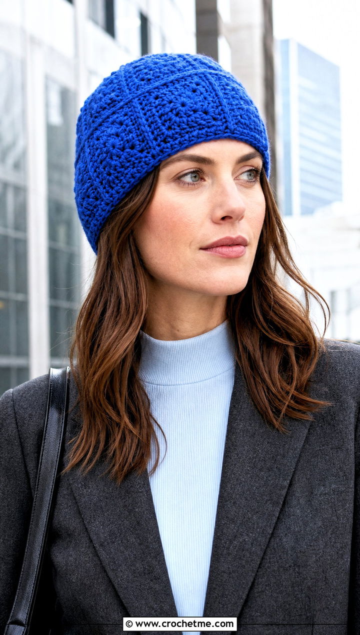 Solid Granny Square Crochet Beanie With Blazer And Tailored Trousers - 30 granny square crochet beanie outfit ideas
