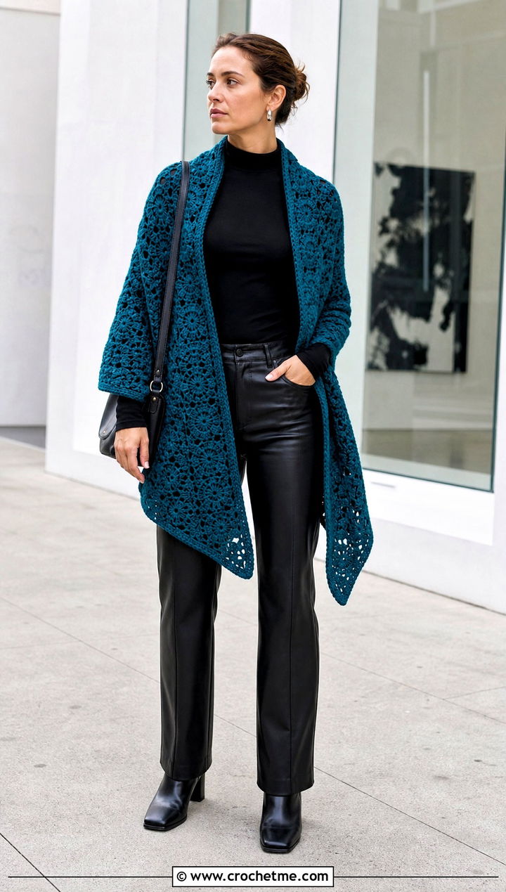 Solid Granny Square Crochet Shawl With Leather Pants - 25 Square Crochet Shawl outfit ideas