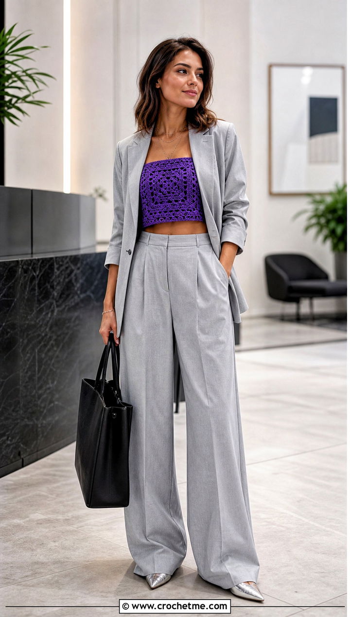 Solid Granny Square Crop Top With Matching Suit - 25 Crochet Granny Crop Top outfit ideas