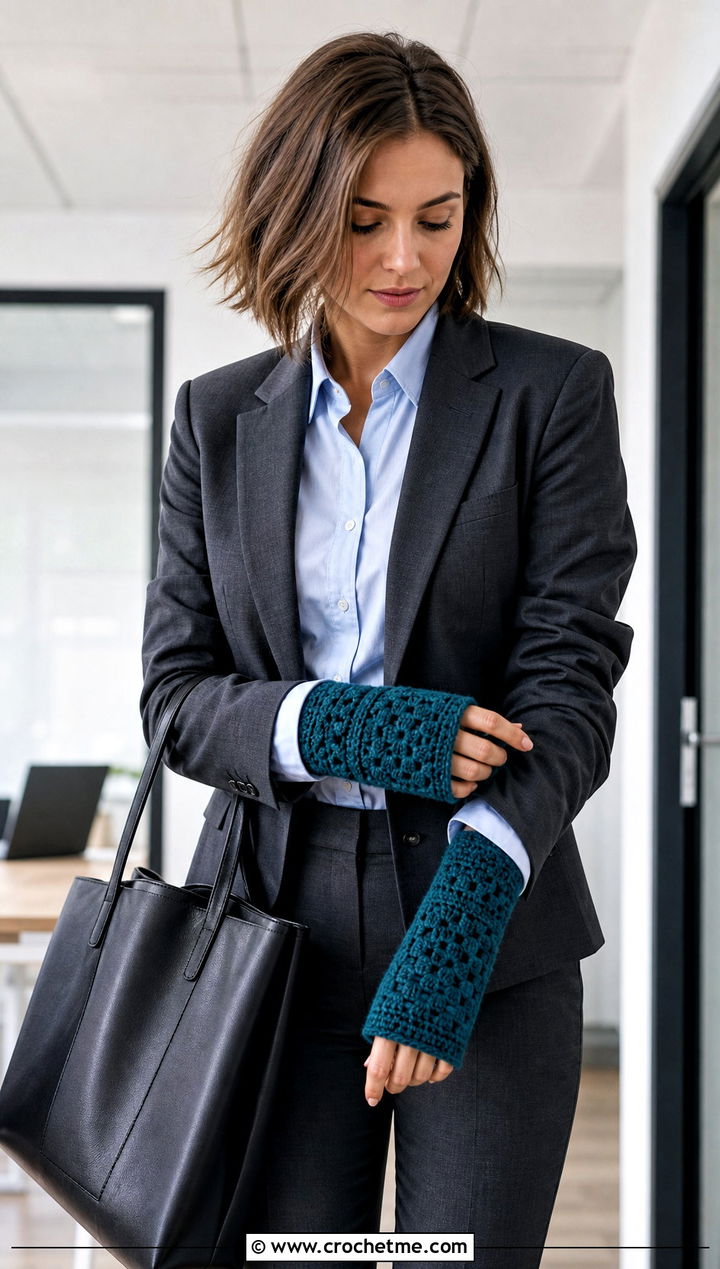 Solid Granny Square Fingerless Gloves With Pantsuit - 30 crochet granny square fingerless gloves outfit ideas