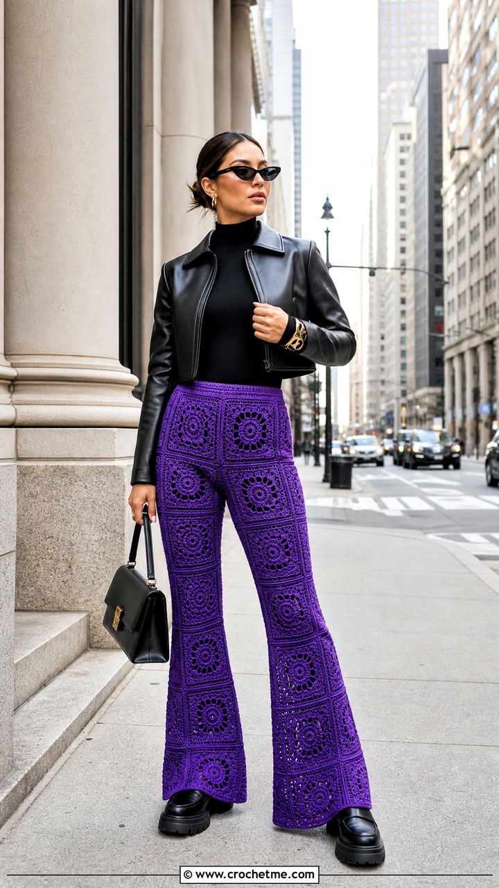 Solid Granny Square Flare Pants With Black Bodysuit And Loafers - 35 crochet granny square pants outfit ideas