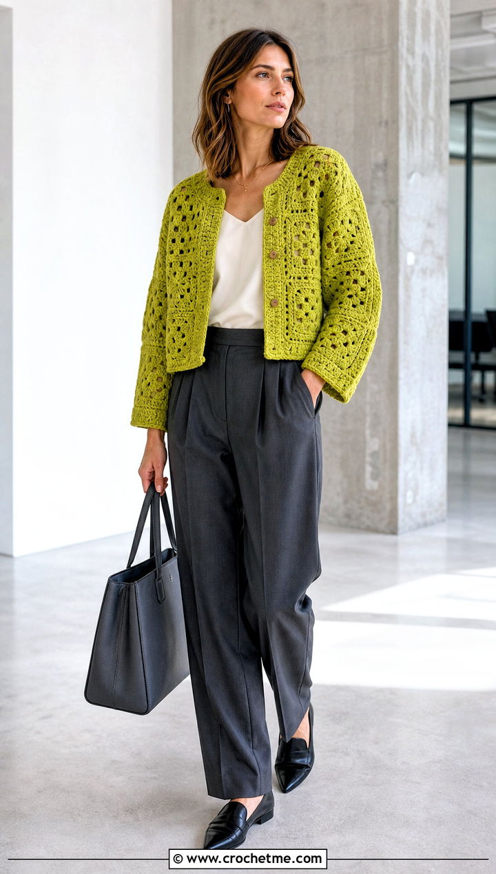 Solid Granny Square Jumper With Tailored Office Pants - 25 Crochet Granny Jumper outfit ideas