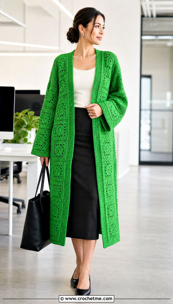 Solid Granny Square Kimono With Pencil Skirt - 30 granny square kimono outfit ideas