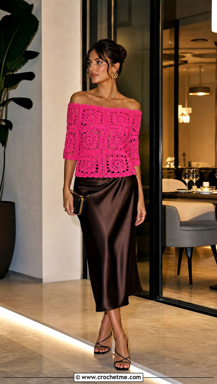 Solid Granny Square Off The Shoulder Top With Satin Midi Skirt - 15 Crochet Off The Shoulder Granny Square Top outfit ideas