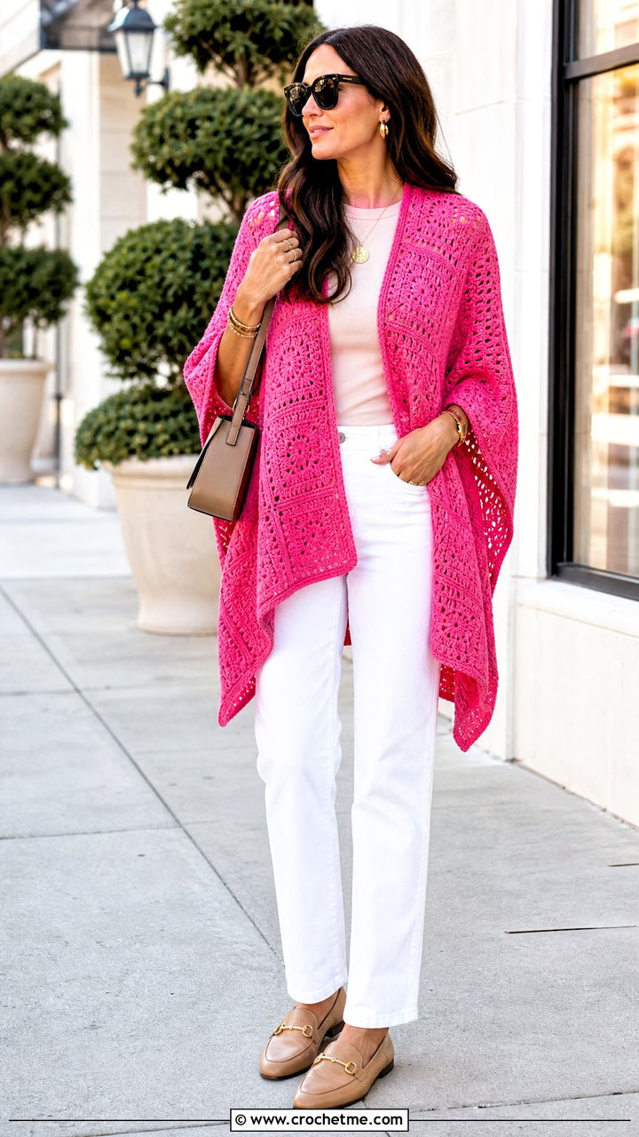 Solid Granny Square Poncho With White Jeans - 35 crochet granny square poncho outfit ideas