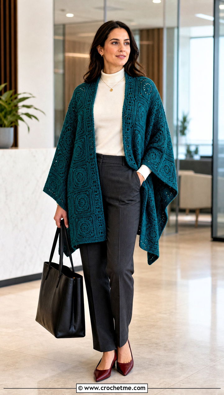 Solid Granny Square Ruana With Tailored Trousers - 25 Granny Square Ruana outfit ideas