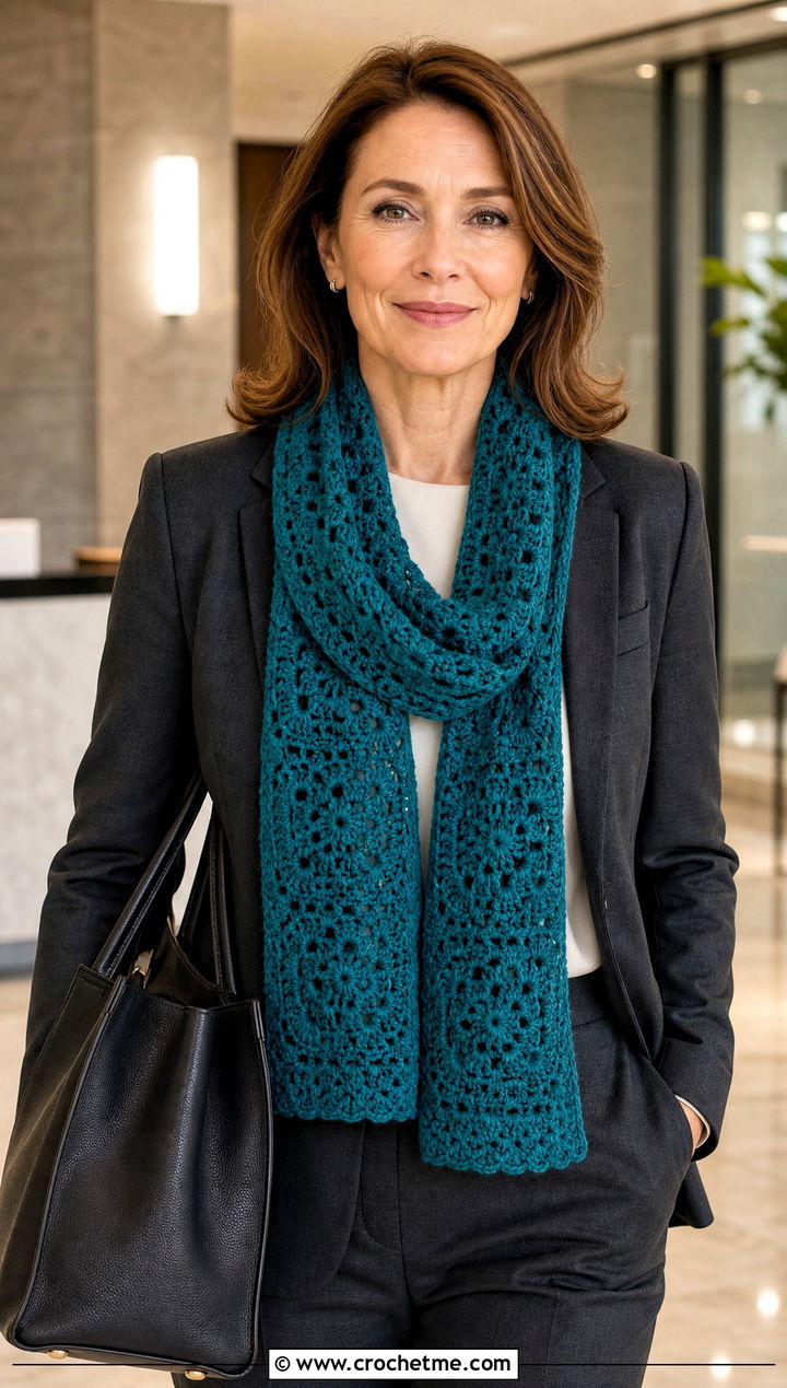 Solid Granny Square Scarf With Pantsuit And Loafers - 30 crochet scarf squares outfit ideas