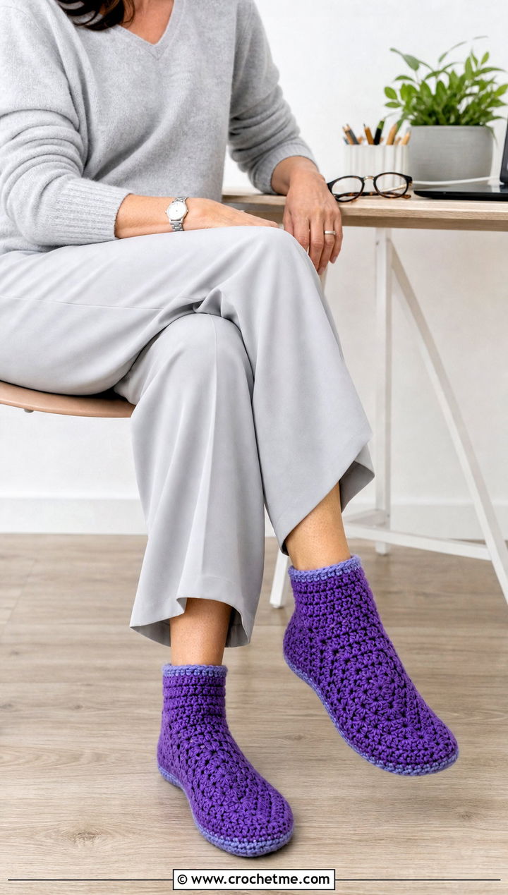 Solid Granny Square Slipper Socks With A Cashmere Sweater And Wide Leg Pants - 15 Granny Square Slipper Socks outfit ideas