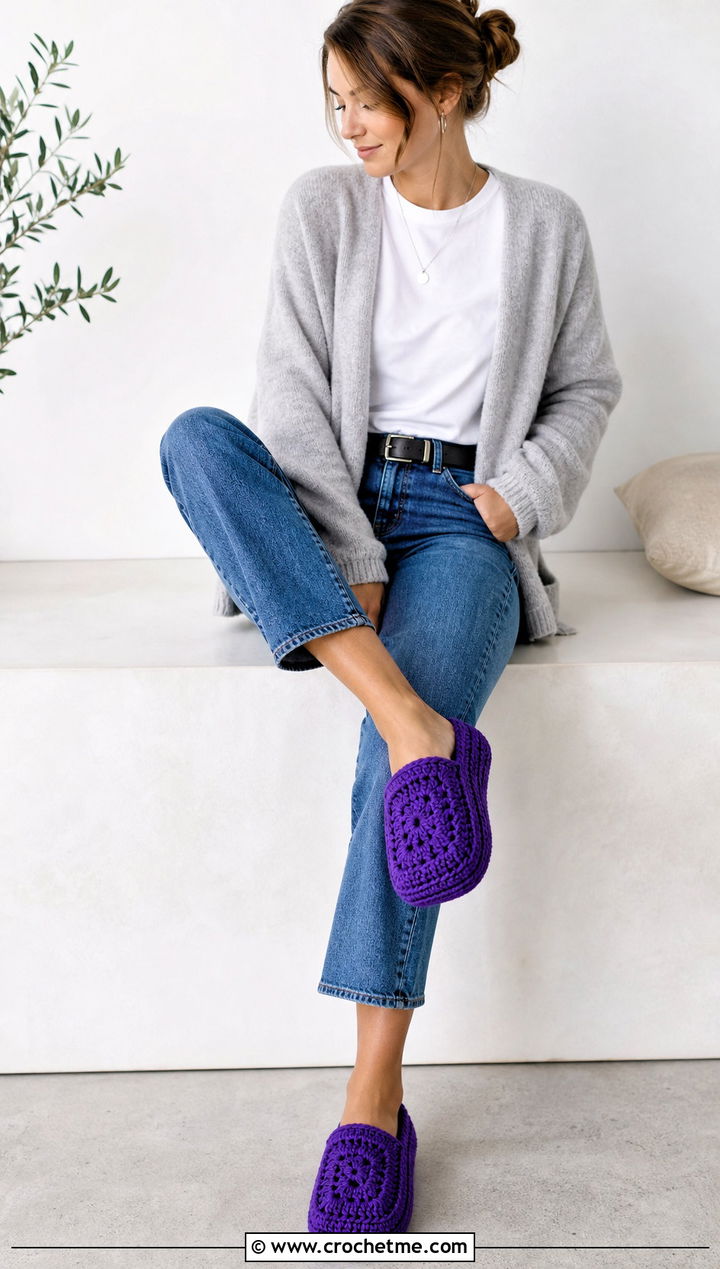 Solid Granny Square Slippers With Jeans And Cardigan - 25 Crochet Granny Square Slippers outfit ideas