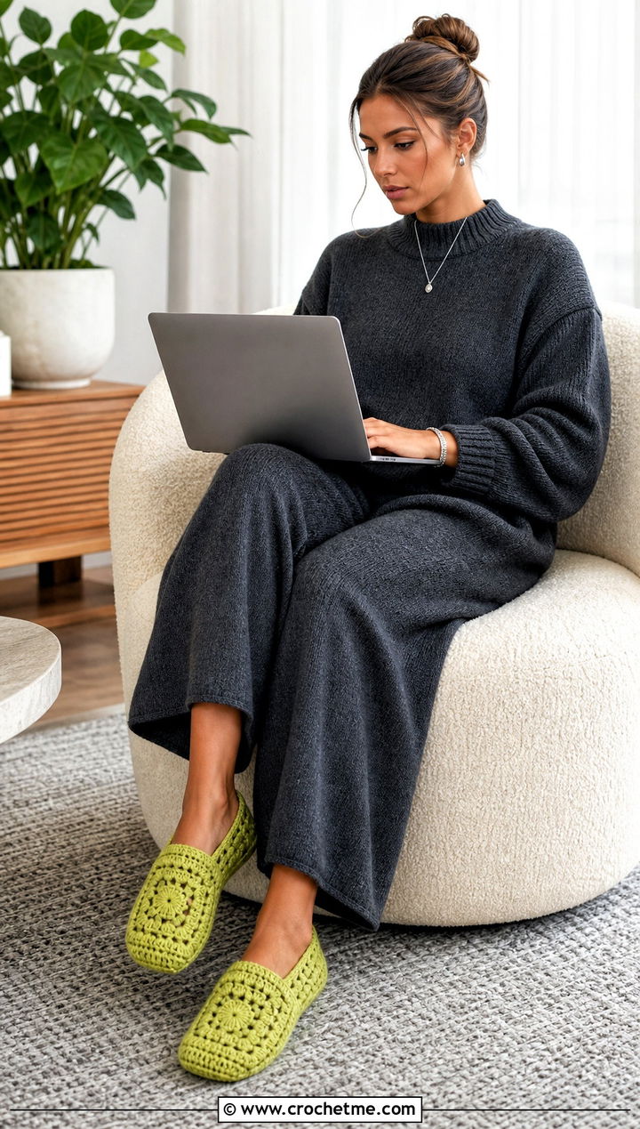 Solid Granny Square Slippers With Knit Loungewear - 20 Easy Granny Square Crochet Slippers outfit ideas
