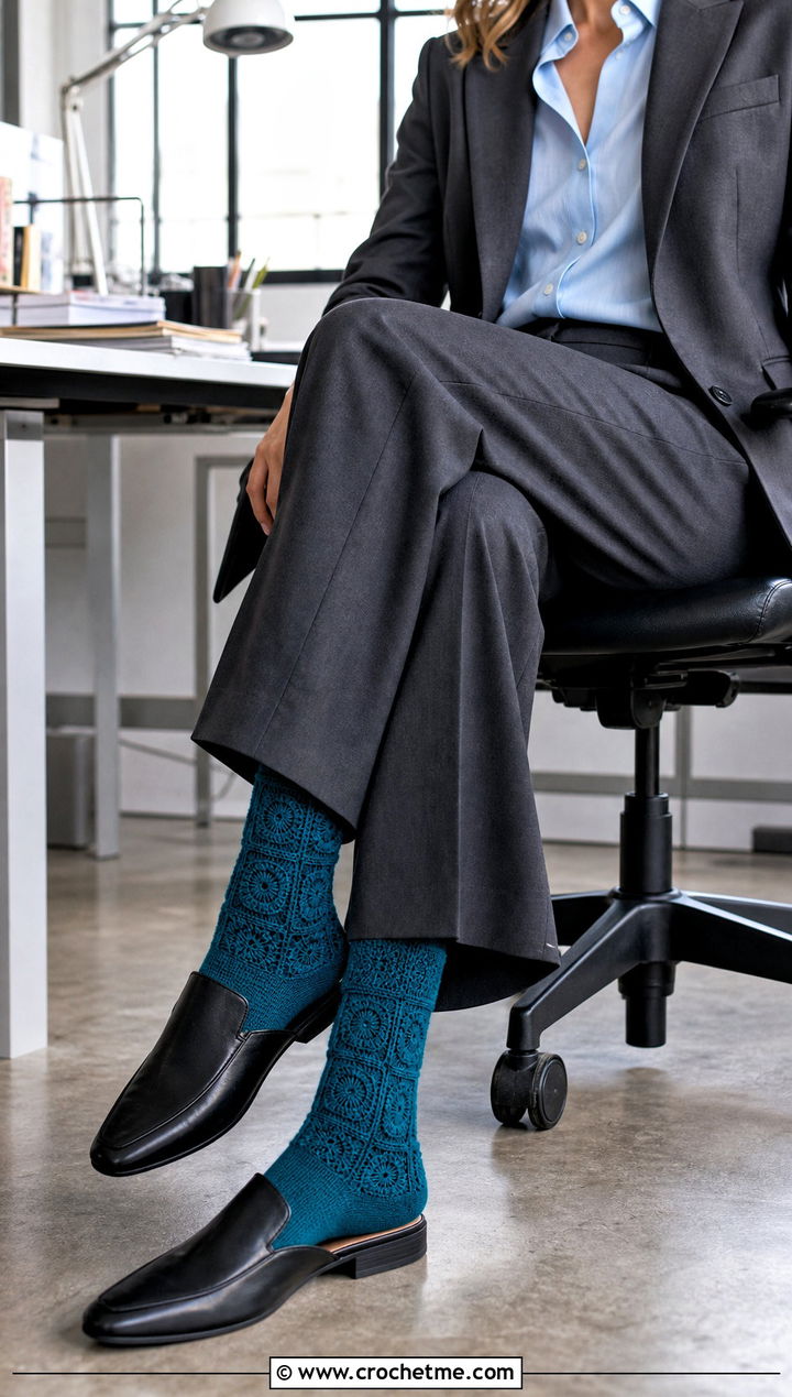 Solid Granny Square Socks With A Trouser Suit And Mules - 35 crochet granny square socks outfit ideas