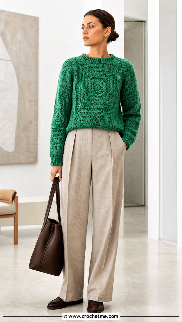 Solid Granny Square Sweater With Pleated Pants - 25 Granny Squares Sweater outfit ideas