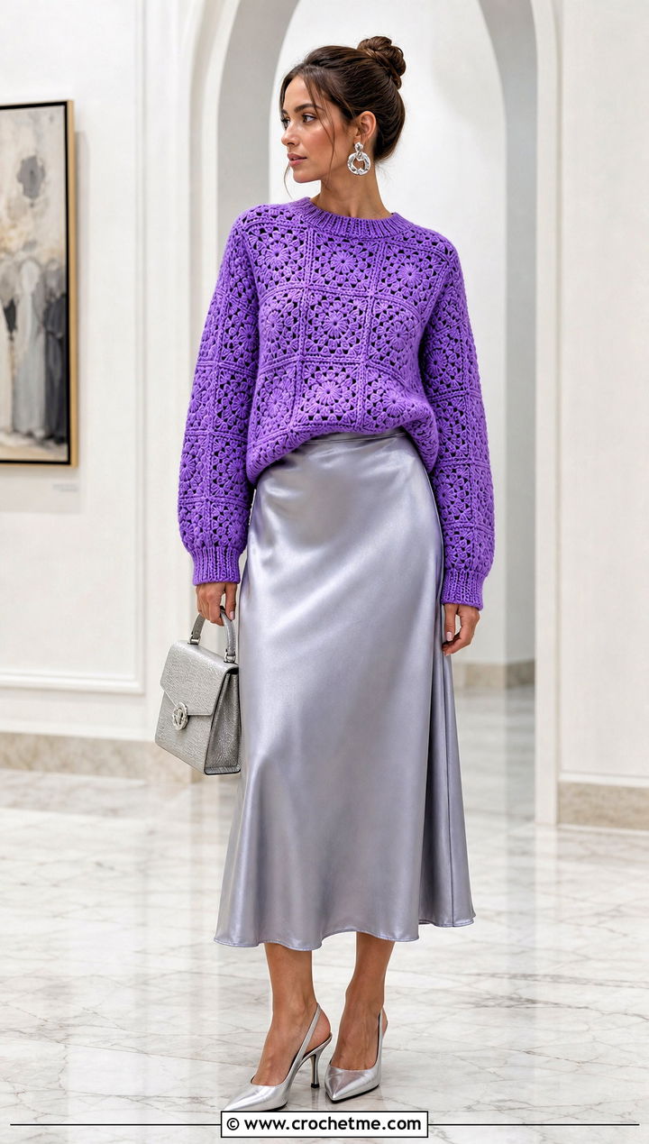 Solid Granny Square Sweater With Satin Midi Skirt - 35 Granny Square Outfit ideas